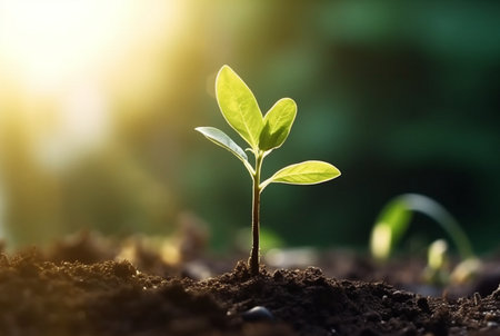 young plant growing in garden with sunlight. generative aiの素材