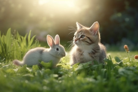 cute cat with cute bunny playing on the green grass of the garden with blurred background and sunlight. generative aiの素材