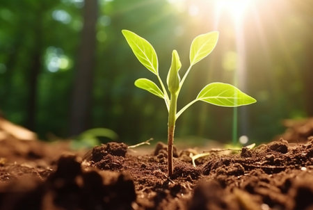 young plant growing in garden with sunlight. generative aiの素材