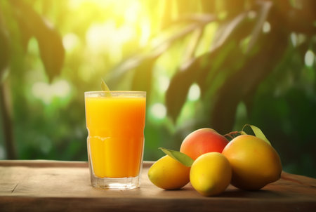 glass of mango juice with sliced fresh mangoes on wooden table with blurred background and sunlight. generative aiの素材