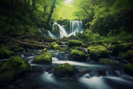 beautiful waterfall in the green forest. generative aiの素材