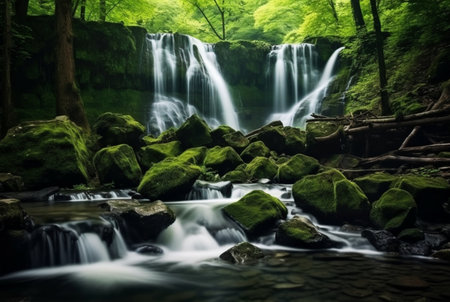 beautiful waterfall in the green forest. generative aiの素材