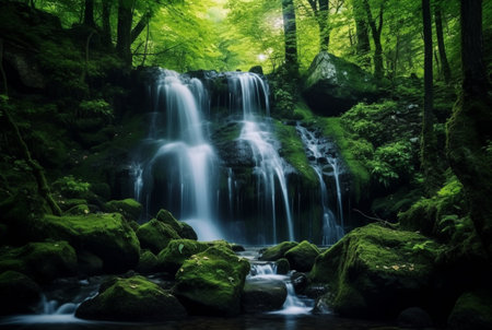 beautiful waterfall in the green forest. generative aiの素材