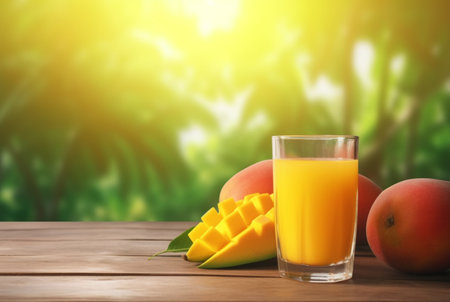 glass of mango juice with sliced fresh mangoes on wooden table with blurred background and sunlight. generative aiの素材