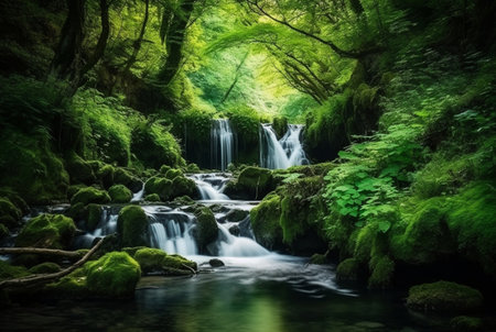 beautiful waterfall in the green forest. generative aiの素材