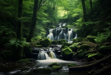 beautiful waterfall in the green forest. generative aiの素材