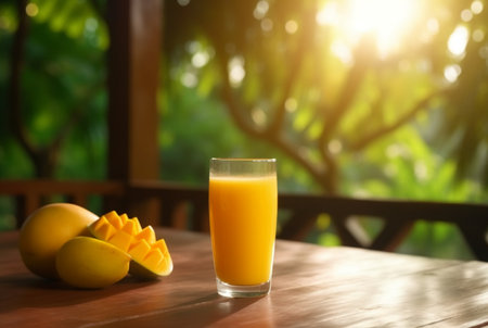 glass of mango juice with sliced fresh mangoes on wooden table with blurred background and sunlight. generative aiの素材