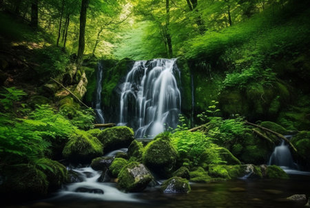beautiful waterfall in the green forest. generative aiの素材