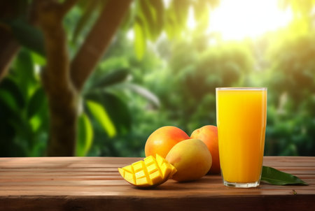glass of mango juice with sliced fresh mangoes on wooden table with blurred background and sunlight. generative aiの素材