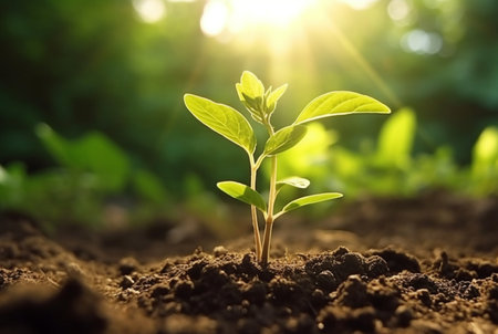 young plant growing in garden with sunlight. generative aiの素材