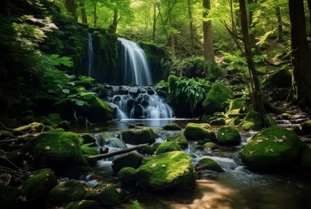beautiful waterfall in the green forest. generative aiの素材