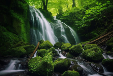 beautiful waterfall in the green forest. generative aiの素材
