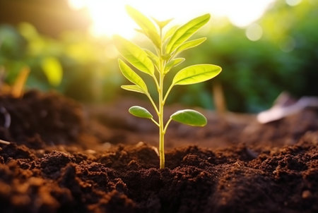 young plant growing in garden with sunlight. generative aiの素材