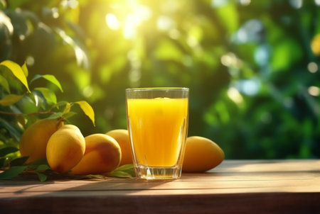 glass of mango juice with sliced fresh mangoes on wooden table with blurred background and sunlight. generative aiの素材