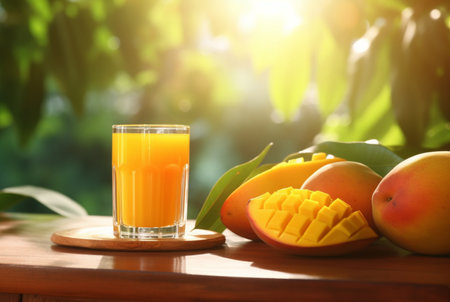 glass of mango juice with sliced fresh mangoes on wooden table with blurred background and sunlight. generative aiの素材