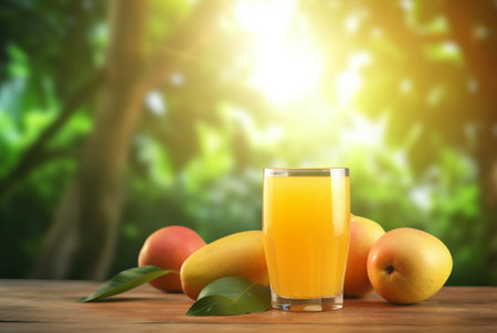 glass of mango juice with sliced fresh mangoes on wooden table with blurred background and sunlight. generative aiの素材