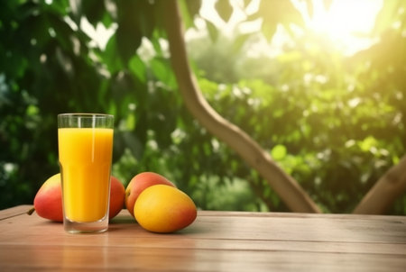 glass of mango juice with sliced fresh mangoes on wooden table with blurred background and sunlight. generative aiの素材