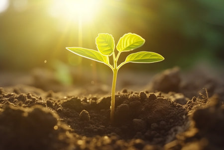 young plant growing in garden with sunlight. generative aiの素材