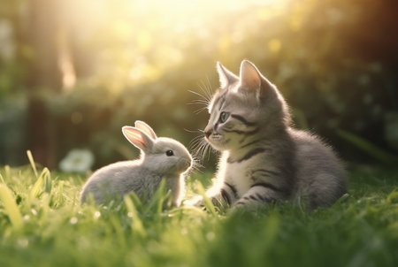 cute cat with cute bunny playing on the green grass of the garden with blurred background and sunlight. generative aiの素材