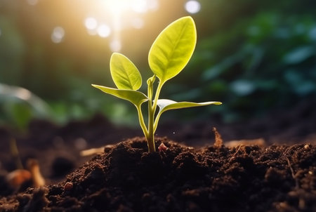young plant growing in garden with sunlight. generative aiの素材