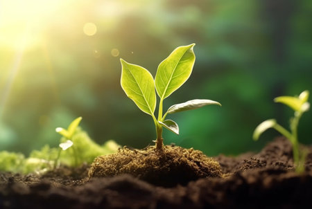 young plant growing in garden with sunlight. generative aiの素材