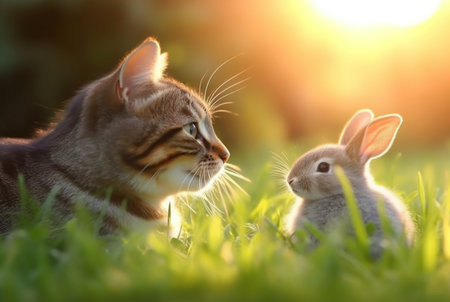 cute cat with cute bunny playing on the green grass of the garden with blurred background and sunlight. generative aiの素材