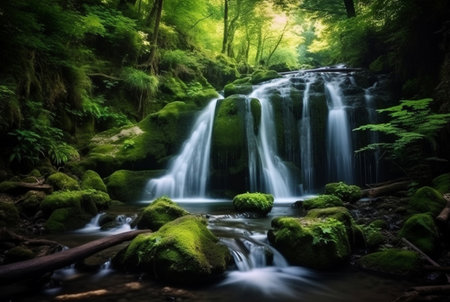 beautiful waterfall in the green forest. generative aiの素材
