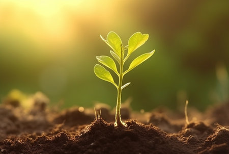 young plant growing in garden with sunlight. generative aiの素材