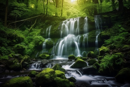 beautiful waterfall in the green forest. generative aiの素材