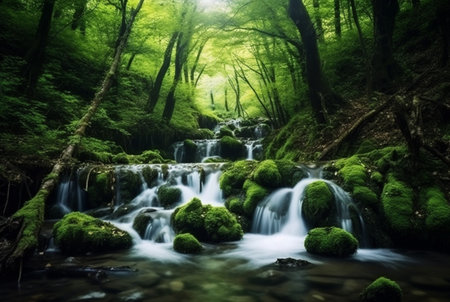 beautiful waterfall in the green forest. generative aiの素材