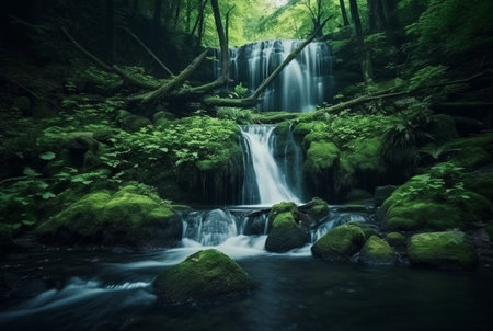 beautiful waterfall in the green forest. generative aiの素材