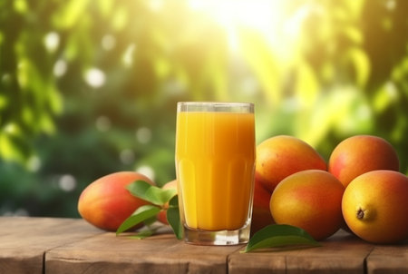 glass of mango juice with sliced fresh mangoes on wooden table with blurred background and sunlight. generative aiの素材