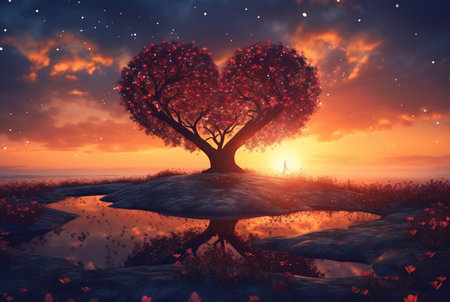heart shaped tree with beautiful sunset. generative aiの素材