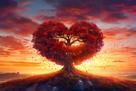 heart shaped tree with beautiful sunset. generative aiの素材