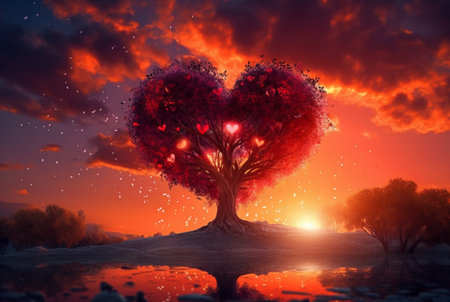 heart shaped tree with beautiful sunset. generative aiの素材