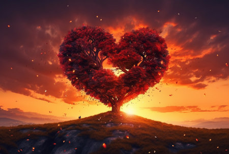 heart shaped tree with beautiful sunset. generative aiの素材