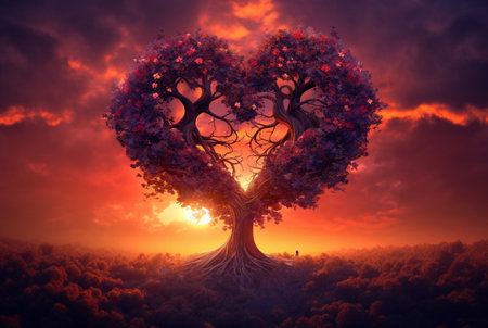heart shaped tree with beautiful sunset. generative aiの素材