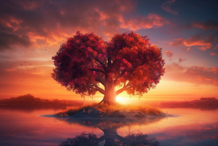 heart shaped tree with beautiful sunset. generative aiの素材