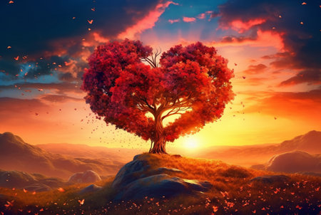 heart shaped tree with beautiful sunset. generative aiの素材