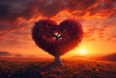 heart shaped tree with beautiful sunset. generative aiの素材