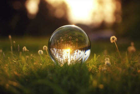the glass ball on the green grass reflected nature landscape. generative aiの素材