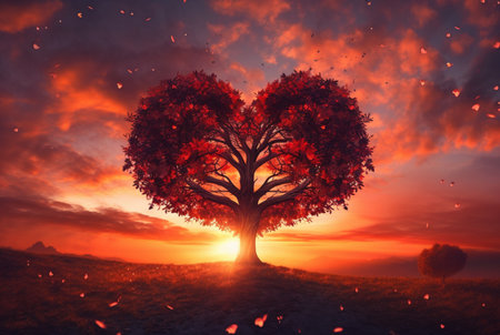 heart shaped tree with beautiful sunset. generative aiの素材