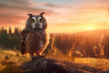 owl on the hill with the beauty of the sunset in the afternoon. generative aiの素材
