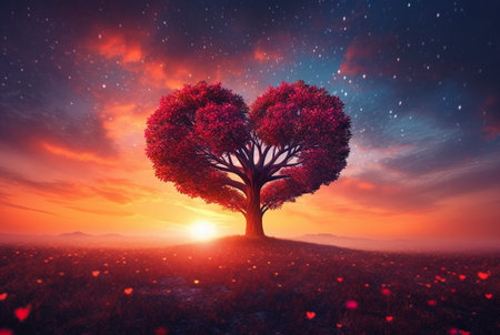 heart shaped tree with beautiful sunset. generative aiの素材