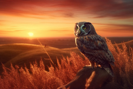 owl on the hill with the beauty of the sunset in the afternoon. generative aiの素材