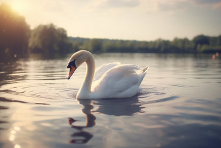 white swan swimming over river with blurred background. generative aiの素材