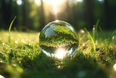 the glass ball on the green grass reflected nature landscape. generative aiの素材