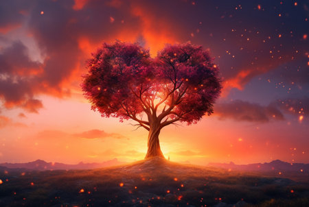 heart shaped tree with beautiful sunset. generative aiの素材