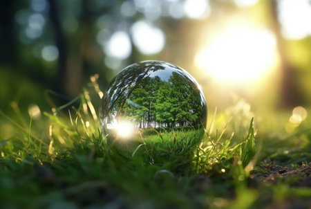the glass ball on the green grass reflected nature landscape. generative aiの素材