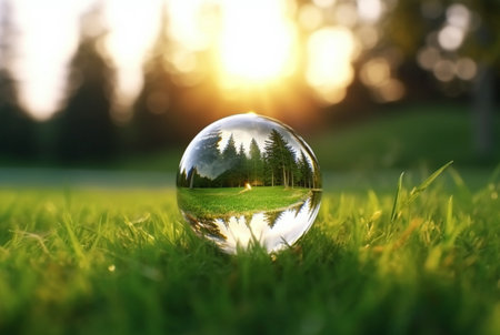 the glass ball on the green grass reflected nature landscape. generative aiの素材